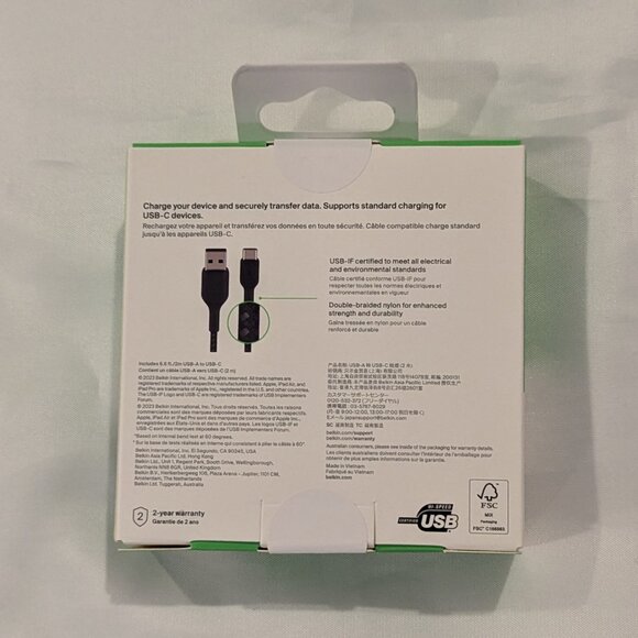 NWT Belkin "BoostCharge" Braided USB-C to USB-A Cable (2m / 6.6 feet, Black) - Picture 2 of 10